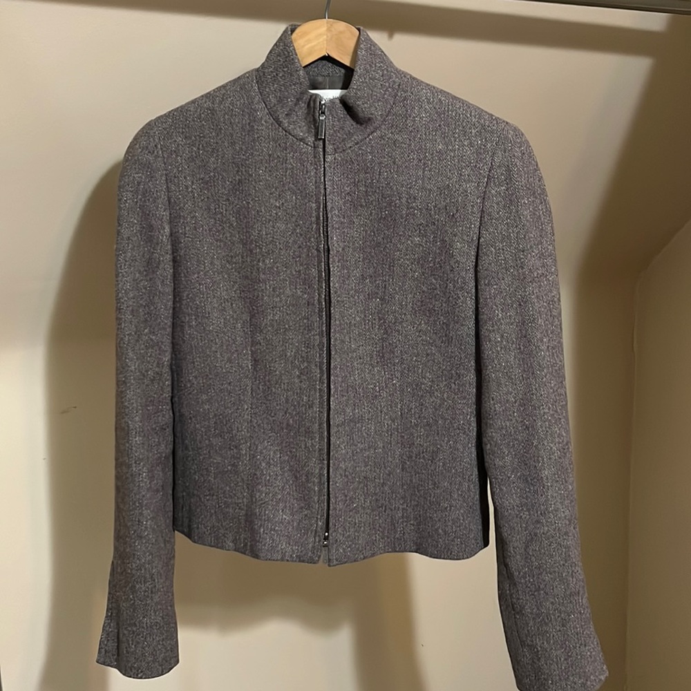 Calvin Klein herringbone, double zip, power shoulder jacket